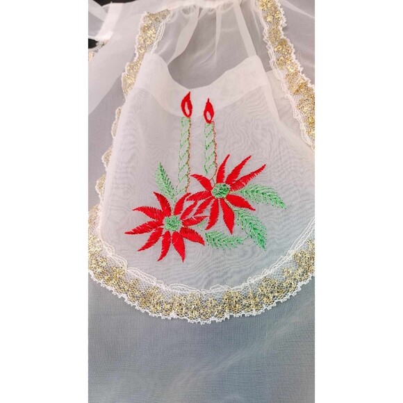 Vintage Sheer Nylon Half Christmas Embroidered Apron W/Pocket & Gold Trim - Picture 5 of 11